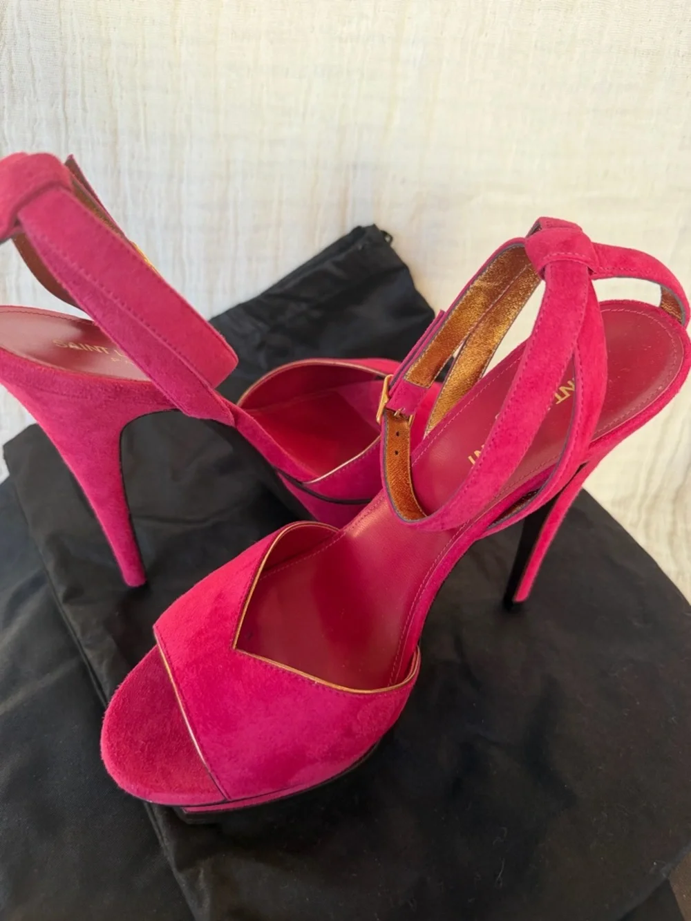 Saint Laurent Berry Red Suede Ankle-Strap Heels with Gold Trim - Picture 7 of 12